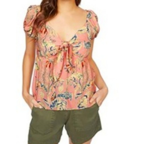 Anthropologie Sanctuary Tropical Floral Print Front Tie Blouse - Picture 1 of 12